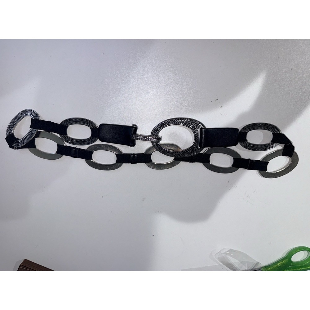 SUZI ROHER BELT Black Elastic Silver Tone  METAL‎ RINGS CHAIN LINKS Stretchy M/L
